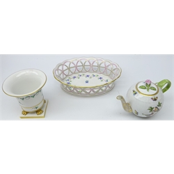  Three pieces Herend porcelain comprising Cornflower Garland pierced basket, L21cm, Persil pattern cylindrical vase with flared neck on four paw feet and Rothschild Bird pattern teapot (3)  