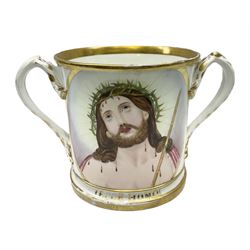 19th century loving cup, with decorated with religious iconography, a gilt rim and writing 'Henry Whittirld Wolverhampton, Whoever drinketh of the water shall thirst again but who soever drinketh of the water that i shall give him shall never thirst',  H14cm