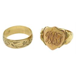 Gold shield signet ring, engraved with initials 'RBJ' and a gold wedding band, both 9ct
