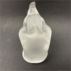 Lalique Nude Temptation, a frosted glass figure of a woman crouching with leg outstretched, in original box, H8cm