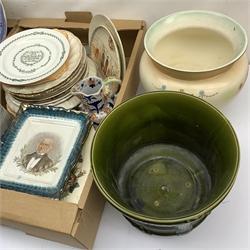 A selection of various ceramics, to include two Victorian jardinières, assorted transfer printed political wares, three Victorian leaf plates, a blue and white Ironstone Willow pattern platter, Ironstone jug, Prattware pot lid detailed The Prince Consort, etc. 