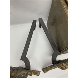 Pair of brass and iron fire dogs, together with brass coal box embossed to the lid with figures and a brass magazine rack, coal box H32cm