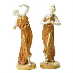 Pair of Royal Worcester figures of female musicians modelled by James Hadley, one with cym...