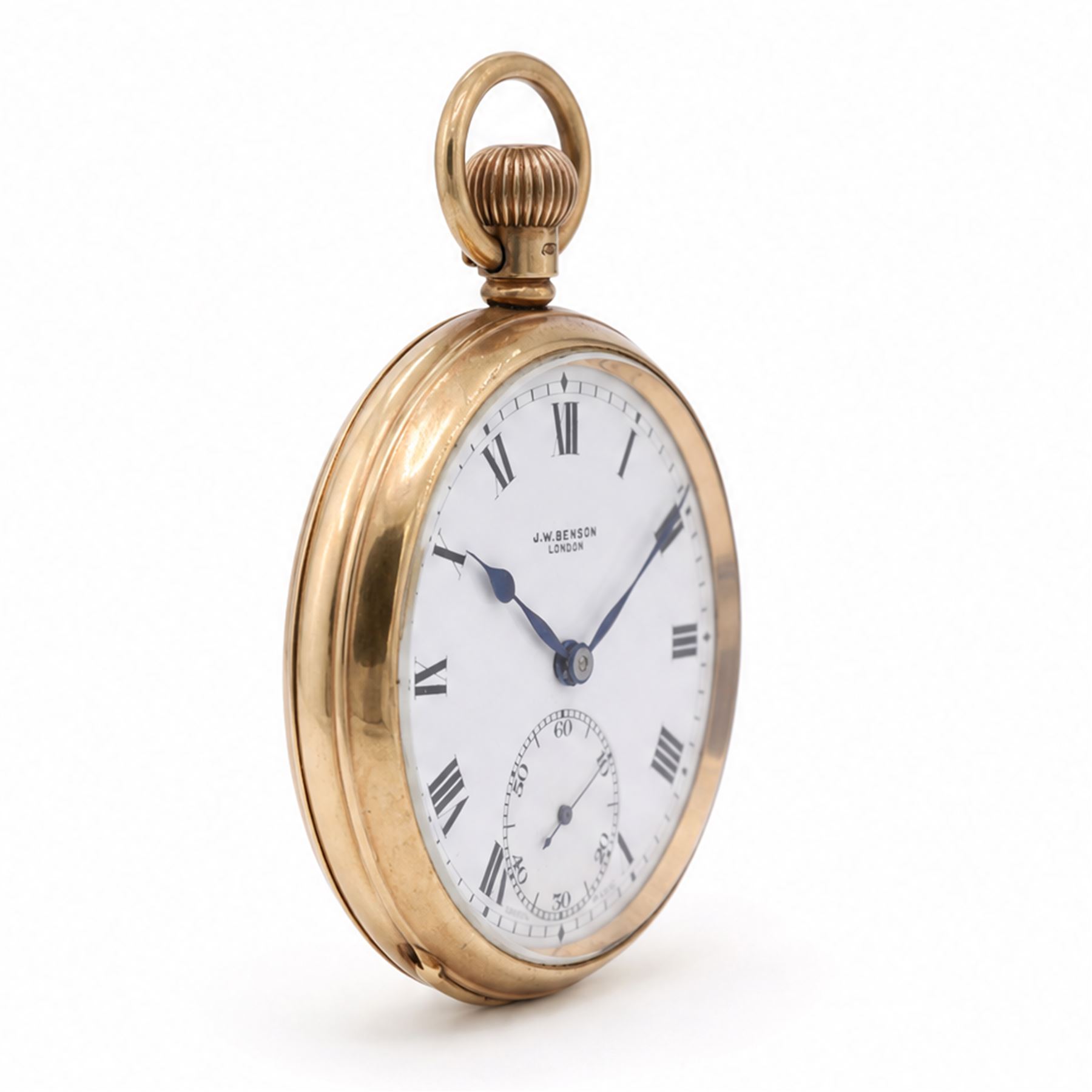 Early 20th century 9ct gold open face keyless lever pocket watch by J. W. Benson, London, white enamel dial with Roman numeral hour markers and subsidiary seconds dial, case by Dennison, Birmingham 1930