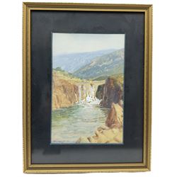 George West (British early 20th century): Pistyll Rhaeadr - Wales, watercolour heightened in white signed 29cm x 19cm