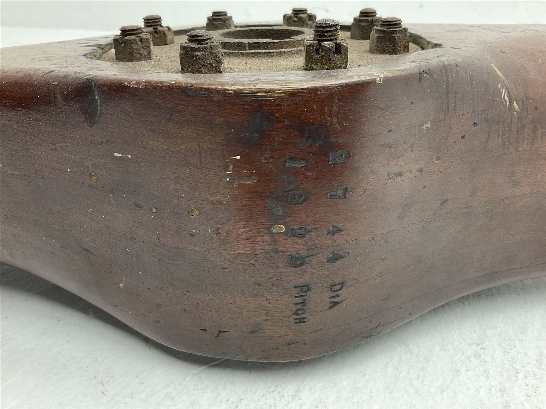 Early 20th century Avro 504 80HP Gnome laminated mahogany two-blade propeller with metal centre to the hub, stamped to the face of the hub 'AVRO Y80 80HP GNOME TYPE 504 & 504A A.I.D.29 A.I.D.32 1545' and to the sides of the hub '2744 DIA 1829 PITCH' and '1470'; traces of A.V. Roe & Co Ltd Manchester transfers to both blades L273.8cm; Auctioneer's Note: The Avro 504 was introduced in 1913 and was quickly taken up by the Royal Flying Corps as a trainer and observation machine; robust and versatile it remained in general service as a trainer until the late 1920s then widely for civilian use as a joy-rider and for stunt displays. The legendary RAF WWII ace, Douglas Bader, took instructions and would have had his first solo flight in just such a machine.