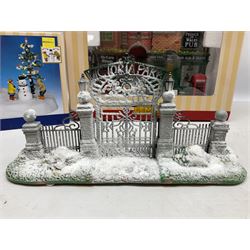 Christmas decorations; Lamax light up English Lane wall hanging, together with Lemax Frolic in the snow, Victorian parkway and other christmas signs and figures