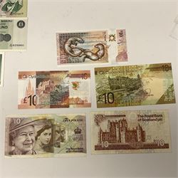Irish and Scottish banknotes to include Bank of Ireland 5 January 1939 ‘B15’ one pound, two Bank of Scotland 1964 ‘AD07’ and ‘AF05’ one pound notes, one 1966 ‘CQ77’ one pound, and further notes from Clydesdale Bank, National Commercial Bank of Scotland Ltd. etc, housed in plastic sleeves