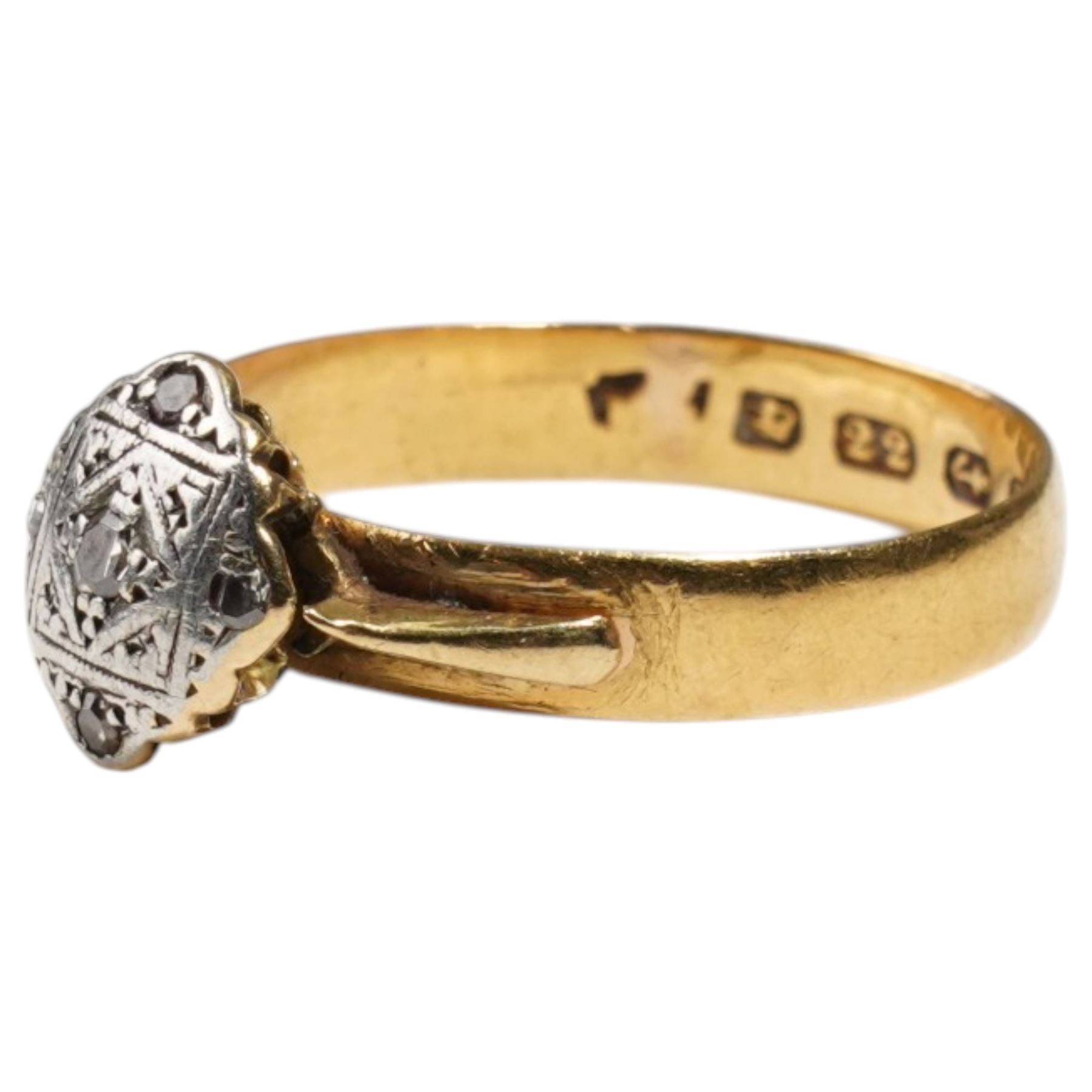 22ct gold wedding band, Birmingham 1894, with later platinum and yellow gold single stone diamond set head and shoulders 