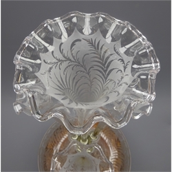  Clear glass epergne, four trumpet vases with frill rim and frosted fern decoration, H49cm with a circular oak stand on brass paw feet  