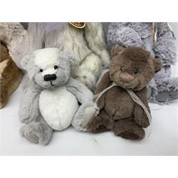Eight Charlie Bears, comprising limited edition example Nina CB171785A, designed by Isabelle Lee, limited to 3000, Nyah CB191931A, designed by Isabelle Lee, Molly CB110310B, designed by Heather Lyell, Mooch CB206025O, and Gallivant CB195197O, each with tags, plus three lacking tags, CB165133, and two small unnamed examples