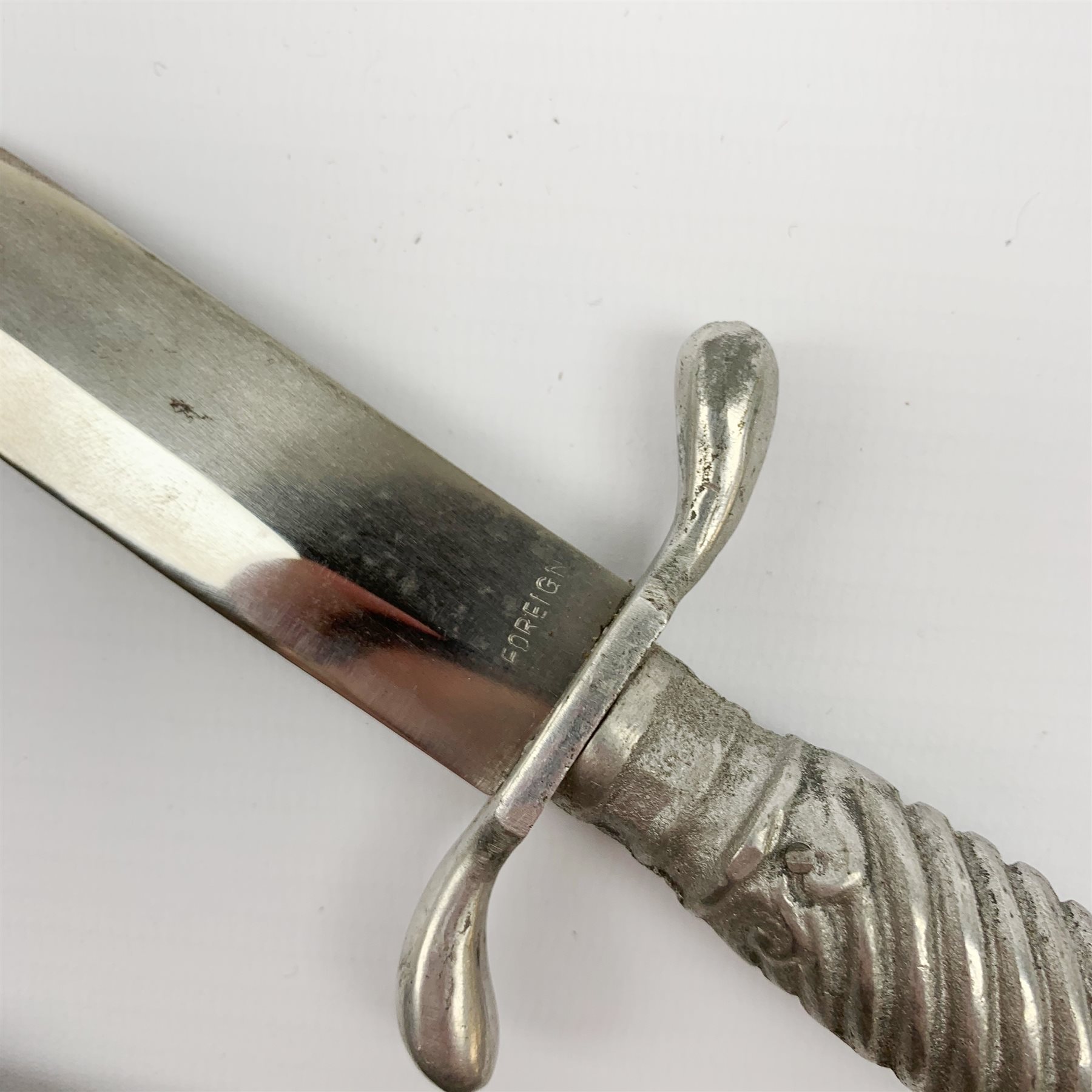 20th century hunting knife with 13cm single edge blade, cast white metal hilt with S-shaped quillon, wrythen grip and eagle head pommel L25cm overall; and another hunting knife with Solingen 12cm blade and simulated stag antler grip, both in leather sheath (2)
