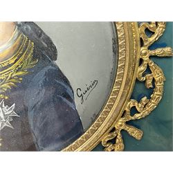 Continental box of oval form, gilt mounted with scroll and foliate garland decoration, the hinged cover inset with a circular miniature portrait of a gentleman in period dress, signed by artist, L18cm