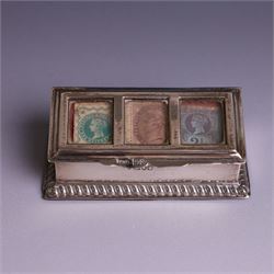 Late Victorian silver mounted stamp box, the hinged lid with three glazed panels, hallmarked Grey & Co, London 1900, together with a late Victorian silver hair comb and a cased set of six silver coffee spoons
