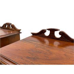 Pair Victorian style hardwood bedside cabinets, fitted with single drawer and cupboard, the doors carved with floral urns, on plinth bases