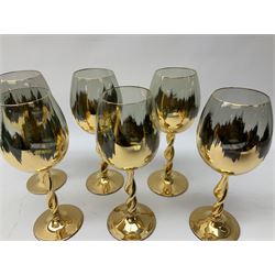 Set of six Art Deco style green glass sundae dishes, H9cm along with set of six Bohemian style glasses with twisted gilt stems