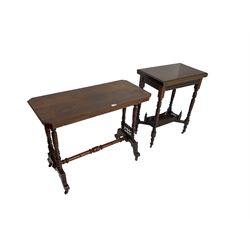 Late 19th century mahogany card table, rectangular swivel fold-over top above undertier with pierced fretwork gallery united by cross stretcher, raised on turned supports on ceramic castors; late 19th walnut side table, rectangular top raised on turned end supports with spindles united by turned stretcher, cabriole feet on castors (2)