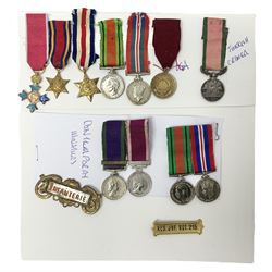 Eleven medal miniatures including Turkish Crimea, OBE (Civil), WW2 Burma Star and France/Germany Star, two pairs of WW2 War/Defence medals, LSGC etc; and two military badges