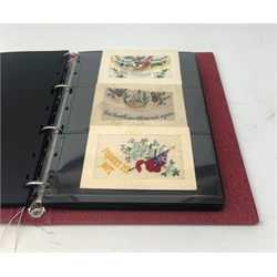  Modern loose leaf album containing over fifty WW1 silk postcards including Regimental crests, flags of the Allies, envelope type with greeting card insets etc  