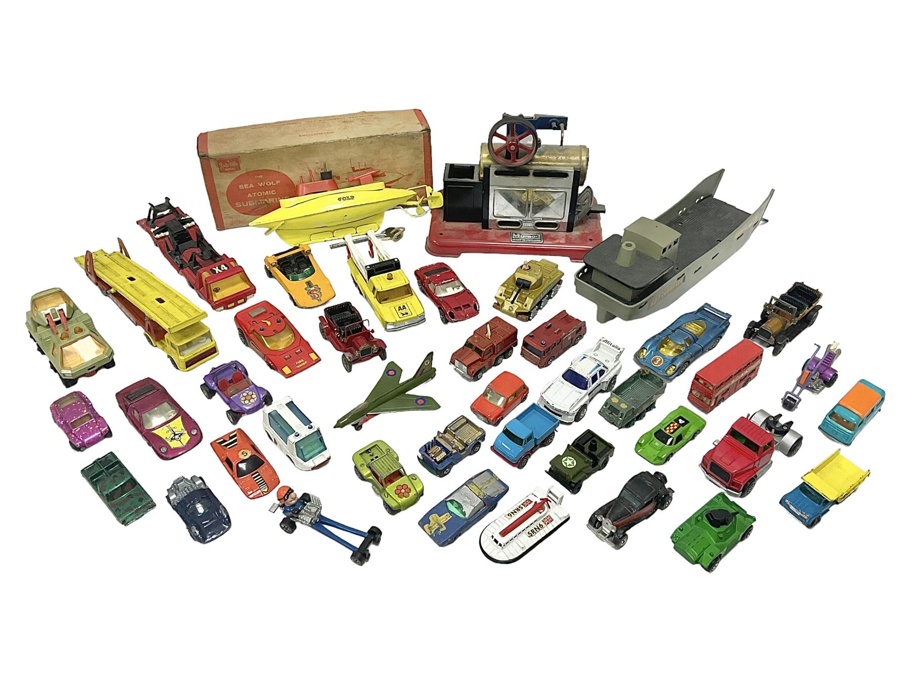 Sutcliffe ‘Sea Wolf’ clockwork atomic submarine, boxed; Mamod SP2 Steam Engine, lacking chimney; with quantity of playworn die-cast vehicles to include Corgi, Matchbox etc