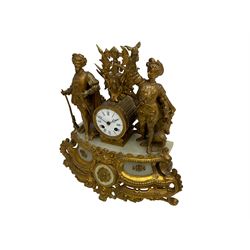 Late 19th century alabaster and gilt spelter mantle clock c1880, on a rococo base with alabaster panels and two flamboyant figures in 18th century dress flanking an eight-day French countwheel striking movement in a drum case, with an enamel dial, Roman numerals, minute markers and steel moon hands, striking the hours and half hours on a bell. With pendulum and key. 