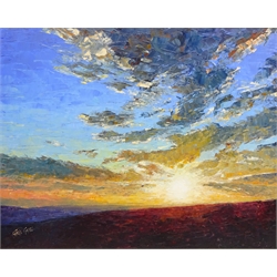  'Sunset over Fairhead', oil on canvas board signed by Chris Geall (British 1965-) titled and dated 2001 verso 40cm x 50cm  