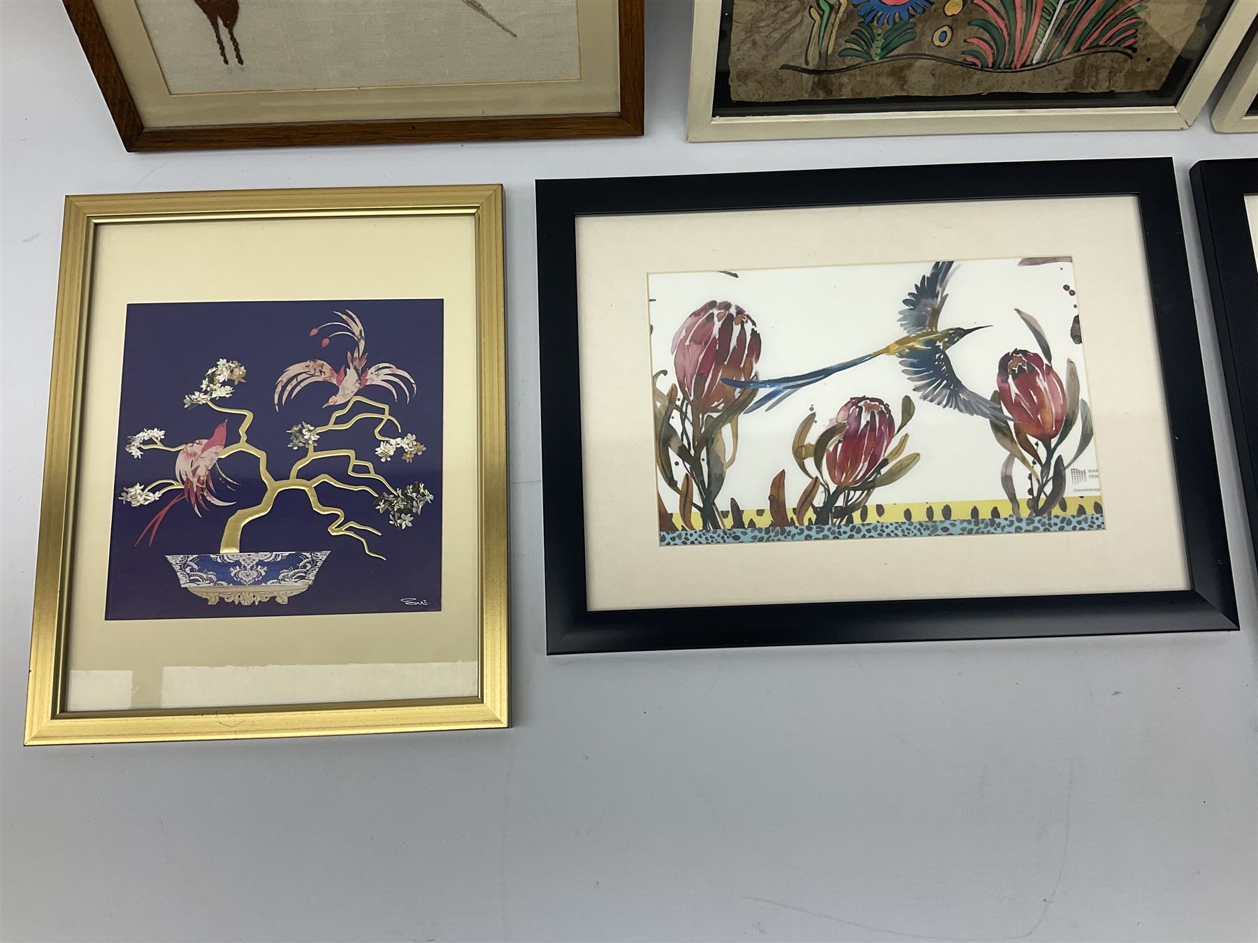 Mexican School (20th century): Birds of Paradise, pair Amate bark paintings together with four further pictures of birds max 31cm x 23cm (6)