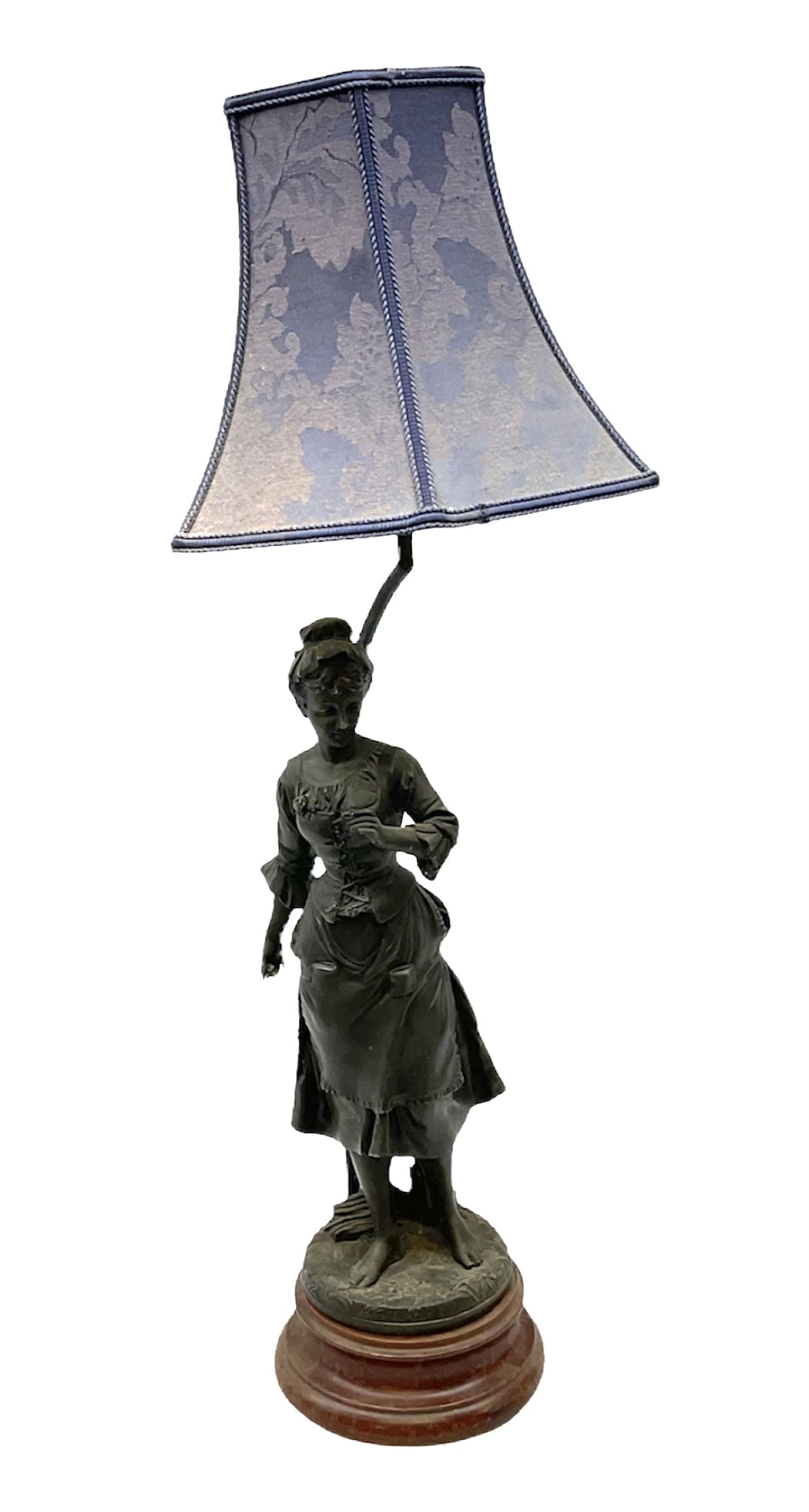 French figural spelter lamp modelled as a lady upon turned stepped