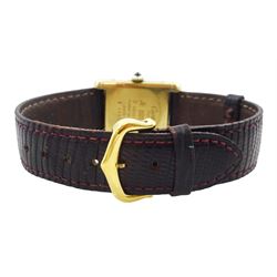 Must de Cartier silver-gilt manual wind wristwatch, burgundy dial, back case No 6 141961, hallmarked, on Cartier burgundy leather strap, with gilt buckle boxed with certificate of origin dated 1981