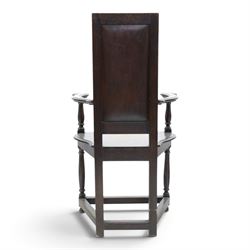 17th design century carved oak hall chair, carved back with urn and foliate details, shaped seat and arms, raised on turned supports united by stretchers