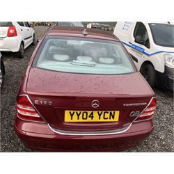 2004 Mercedes C Class C180 Komp. Classic SE Automatic. 4 door Saloon, 1.8 litre petrol, 2 keys, metallic red, v5 present. Full Service History, New battery fitted. 37,579 miles. Selling on behalf of the executors of a local estate.

Alternative buyers premium rate applies of 10% + VAT. - THIS LOT IS TO BE COLLECTED BY APPOINTMENT FROM DUGGLEBY STORAGE, GREAT HILL, EASTFIELD, SCARBOROUGH, YO11 3TX