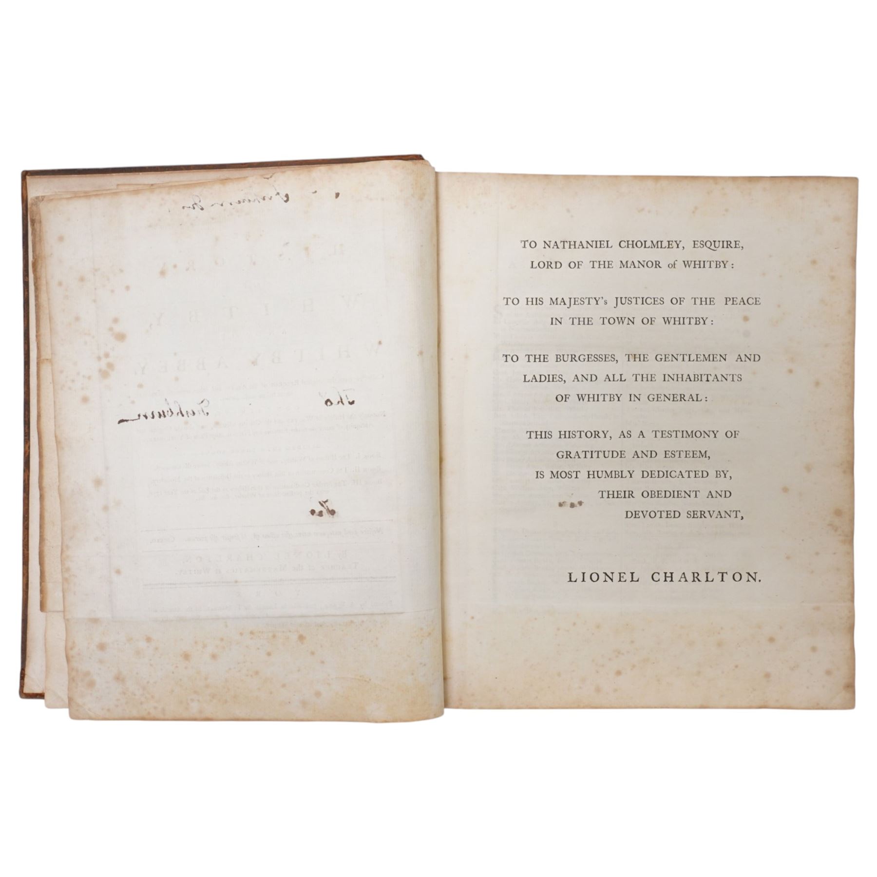 Charlton, Lionel -' History of Whitby and of Whitby Abbey' printed by A Ward 1779 with folding plan, black and white plates, Thomas Fishburn book plate, leather boards