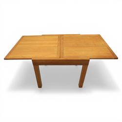 Contemporary square light oak extending dining table, and set of four chairs, table extends to 180cm