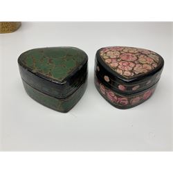 Thirteen lacquered boxes including gilt box decorated with birds in a flowering tree, three examples with cats to the lids, various floral pattern etc  
