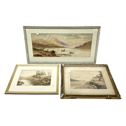 E L R (British 19th century): Loch Fishing with sailing boats, watercolour signed and dated 1893 together with two more similar watercolours max 24cm x 60cm (3)