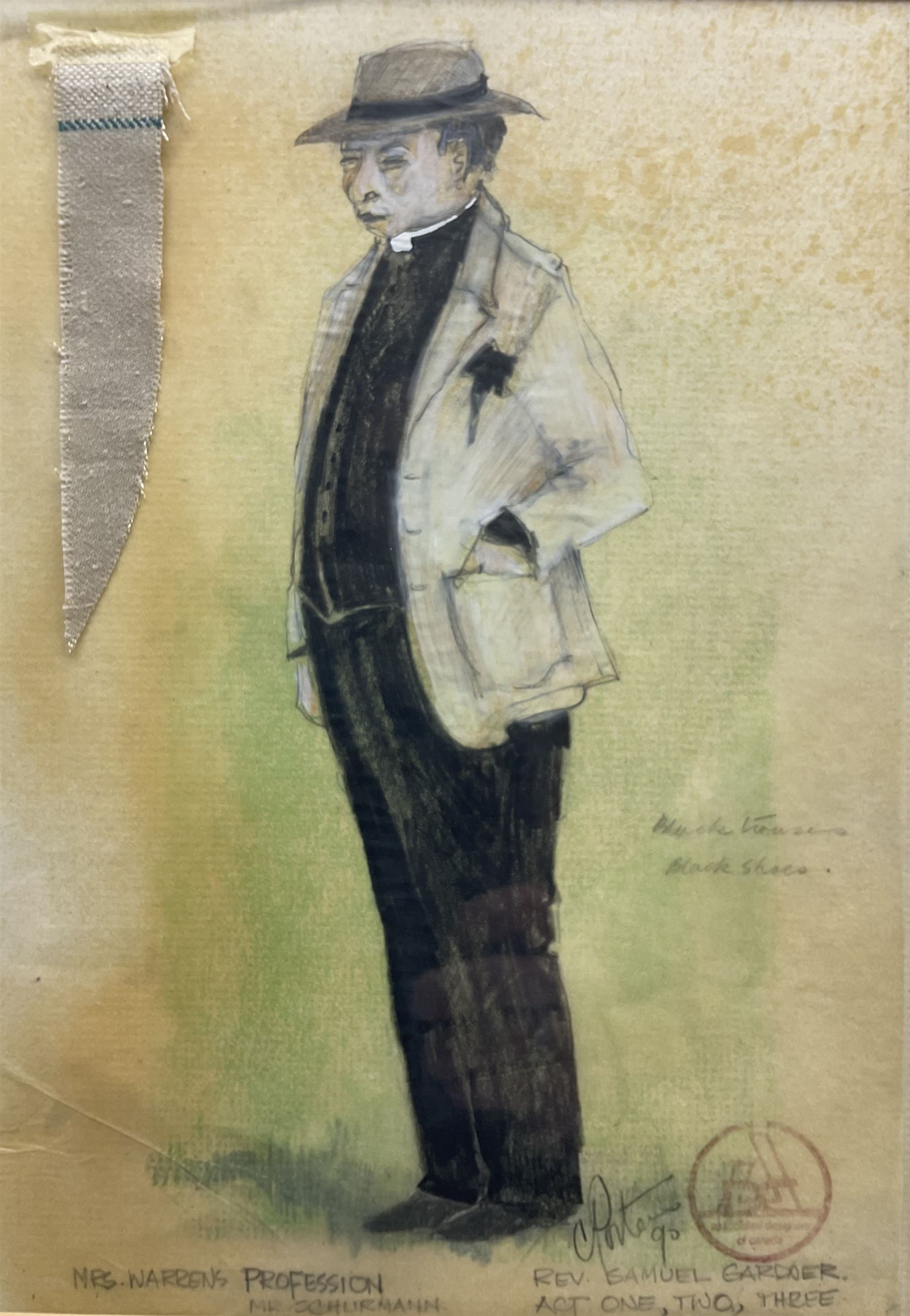 John Cameron Porteous (Canadian 1937-): 'Mrs Warren' 'Vivien' 'Crofts' and 'Rev Samuel Gardner', set four Play Wright pictures from 'Mrs Warren's Profession' signed titled and dated '90, 29cm x 20cm (4)