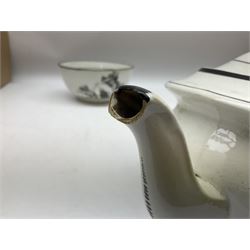 Early 19th century Staffordshire bat printed part tea service, decorated in black after Adam Buck with scenes of mother and child and other varying classical style scenes, within black bands, comprising teapot, slop bowl, jug, seven teacups and five saucers 