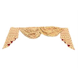 Two pairs of lined curtains with pleated headers, in gold ground fabric decorated with stylised floral design; together with swag pelmets (drop - 272cm, width at header - 110cm)