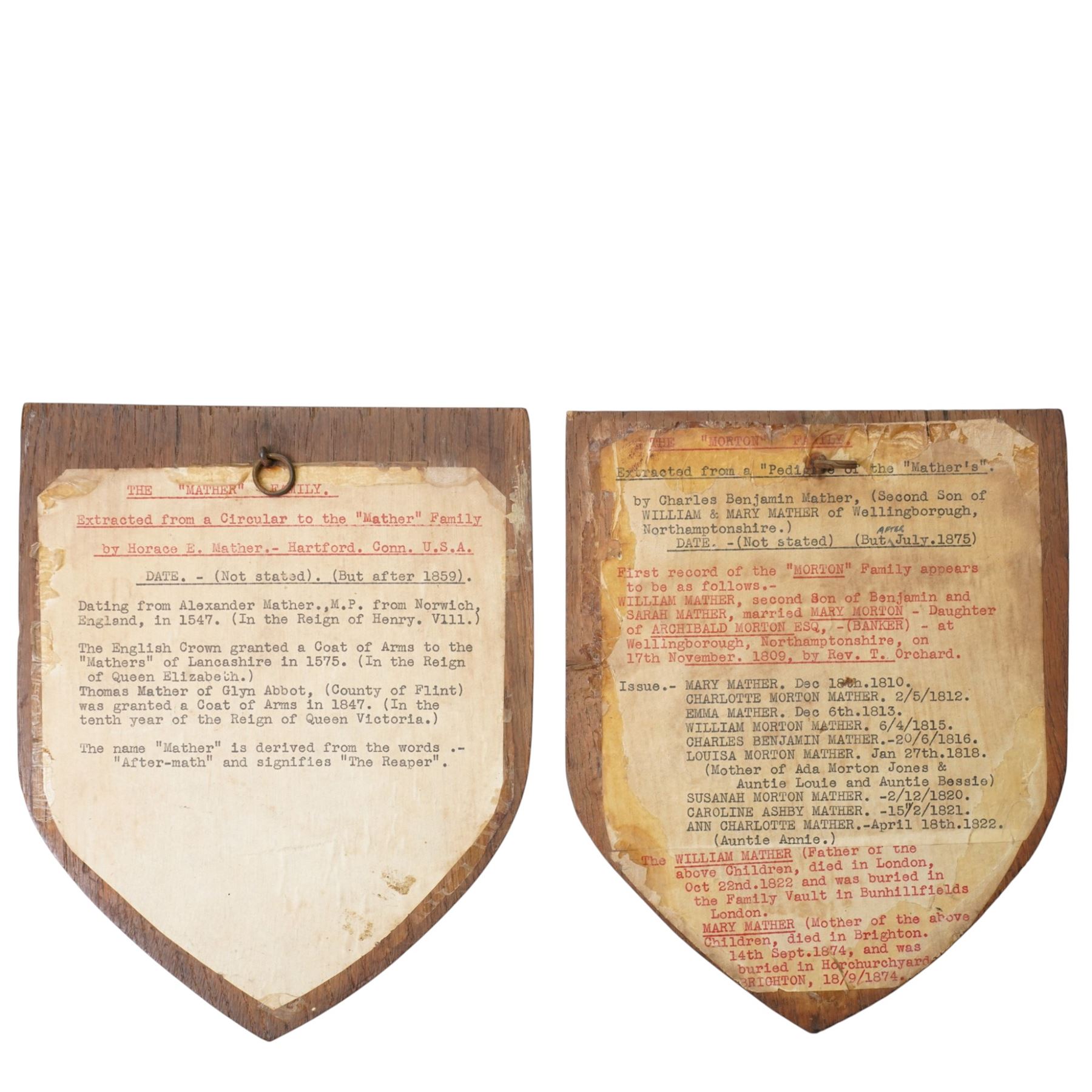 The Mather Family Archive - An extensive collection dating from 1690 to the 19th century of family indentures including Wills, Leases, Conveyances, Abstracts of Title etc .together with two 19th century photograph albums, ambrotypes, autograph and scrap books, ledgers etc and wall shields with the Mather crest, family tree etc.
The Mather family of Lancashire has a lineage of considerable historic interest on both sides of the Atlantic.  The family trace back to Richard Mather (1596-1669) a prominent Puritan minister who emigrated to New England in 1635. His descendants in America include his son, Increase Mather (1639-1732), president of Harvard College and his grandson Cotton Mather (1663-1728) who was an influential theologian and writer of early American history