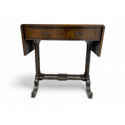 Small Victorian drop-leaf occasional table, rectangular top with drop sides and single frieze drawer, on turned supports and scrolled feet joined by twin stretchers