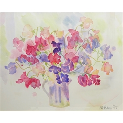 M Riley (British 20th century: Study of Sweet Peas, watercolour signed and dated '89, 46cm x 58cm