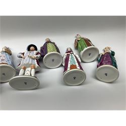 Sitzendorf Henry VIII & his wives porcelain figures, a set of 7 with impressed titles to the reverse, comprising of King Henry VIII, Anne Boleyn, Catherine of Aragon, Catherine Parr, Jane Seymour, Catherine Howard, Anne of Cleves.  
