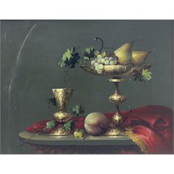 Jozsef Molnar (Hungarian 1939-): Still Life with Tazza Cup and Fruit, oil on canvas signed 39cm x 50cm
