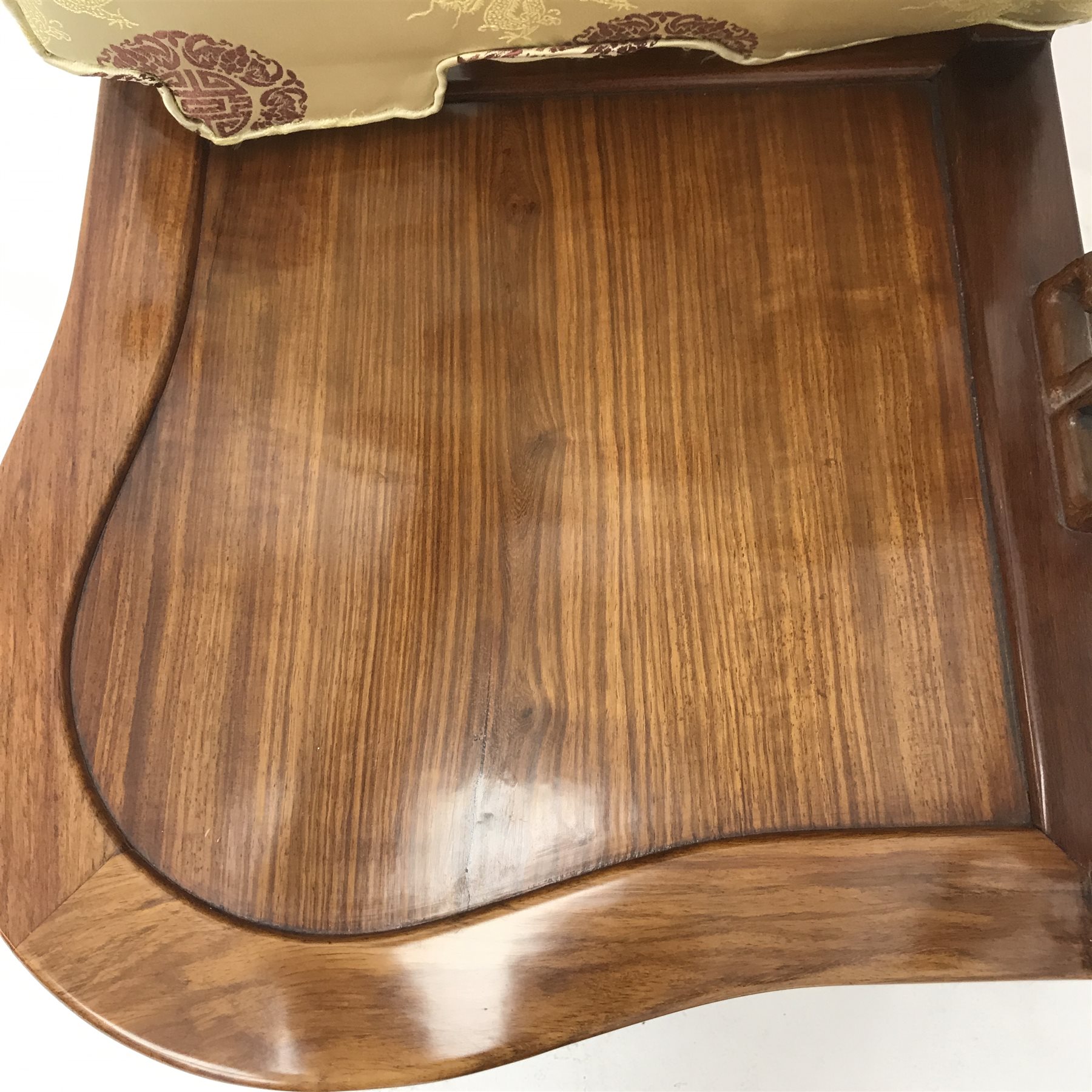 Chinese rosewood corner chair, carved and pierced splats, shaped seat, square supports joined by stretchers, W70cm