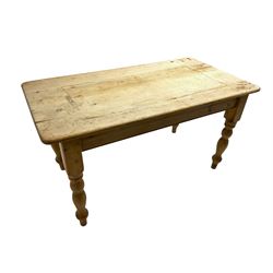 Traditional pitch pine farmhouse table, rectangular top raised on turned supports