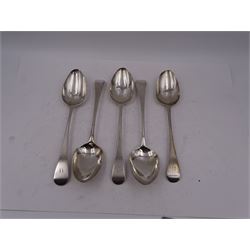 Five George III silver Old English pattern table spoons, all engraved with initials to terminal, to include pair hallmarked WS probably William Skeen or William Sumner I, London 1785, one hallmarked London 1802, maker's mark indistinct, one hallmarked George Gillett, London 1791 and one hallmarked Thomas Streetin, London 1806