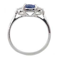 18ct white gold emerald cut sapphire and round brilliant cut diamond ring, hallmarked, sapphire approx 1.30 carat