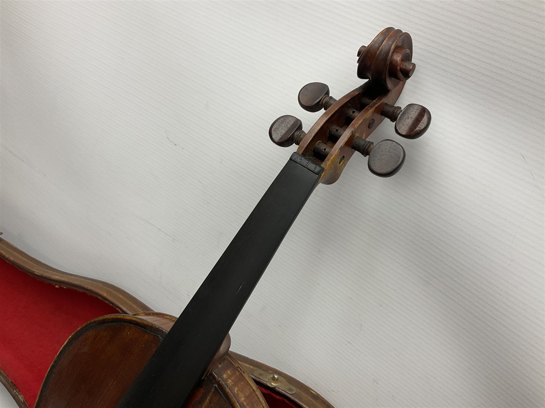 French violin for restoration with 36cm two-piece maple back and ribs and spruce top, bears label 'Lutherie Artistique M. Couturieux'; in wooden case; two modern three-quarter size violins in cases; and five violins for spares or repair
