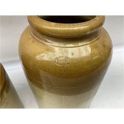 Quantity of salt glazed stoneware flagons, two tone jars and jug etc, to include some with impressed marks and labels, largest H26cm