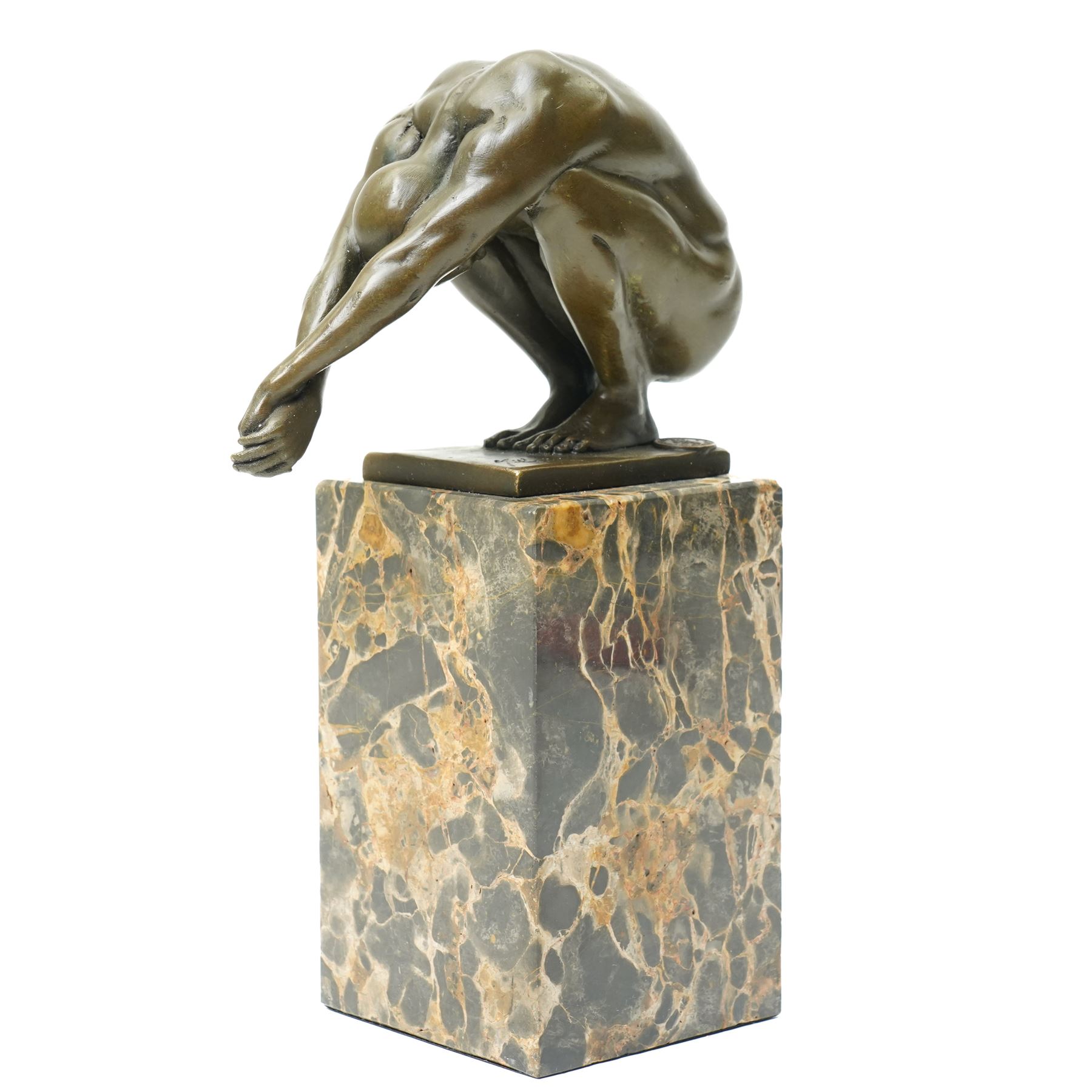After Milo - bronze figure of a diver, upon a two tone marble base, bearing signature and foundry mark, overall H23cm